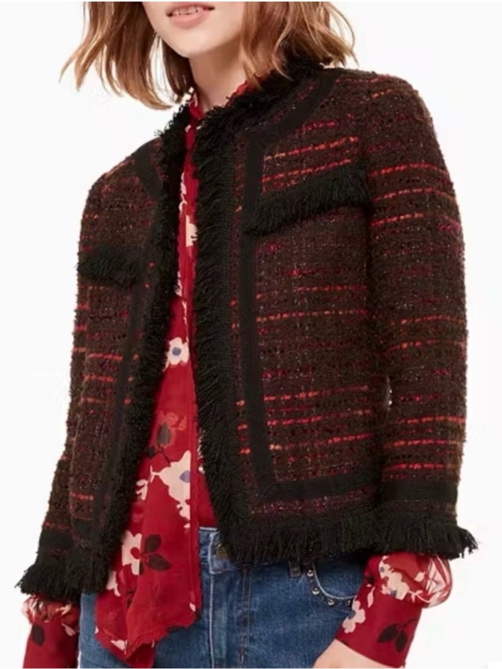 Kate Spade New York Multi Tweed Fringe Blazer Jacket in Bittersweet Size 4